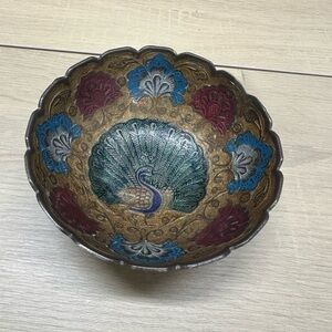 Vintage 1970s Commodore Peacock Brass Enameled Bowl EUC